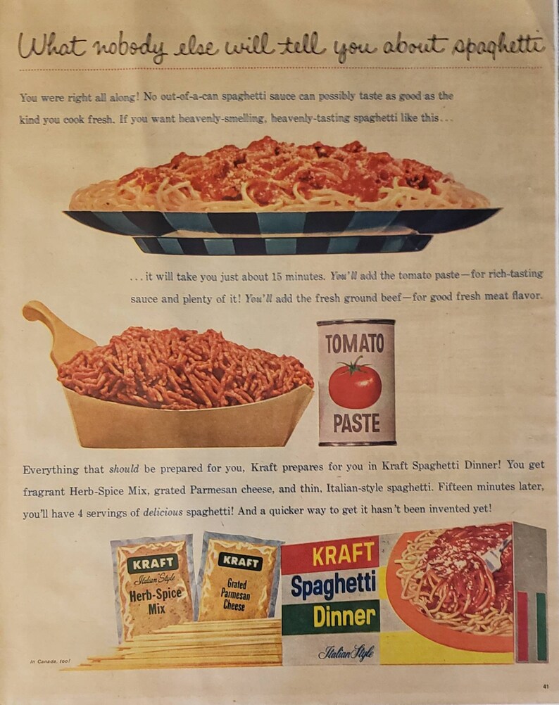 1959 KRAFT SPAGHETTI DINNER Kit Beef Pasta Italian Food Etsy