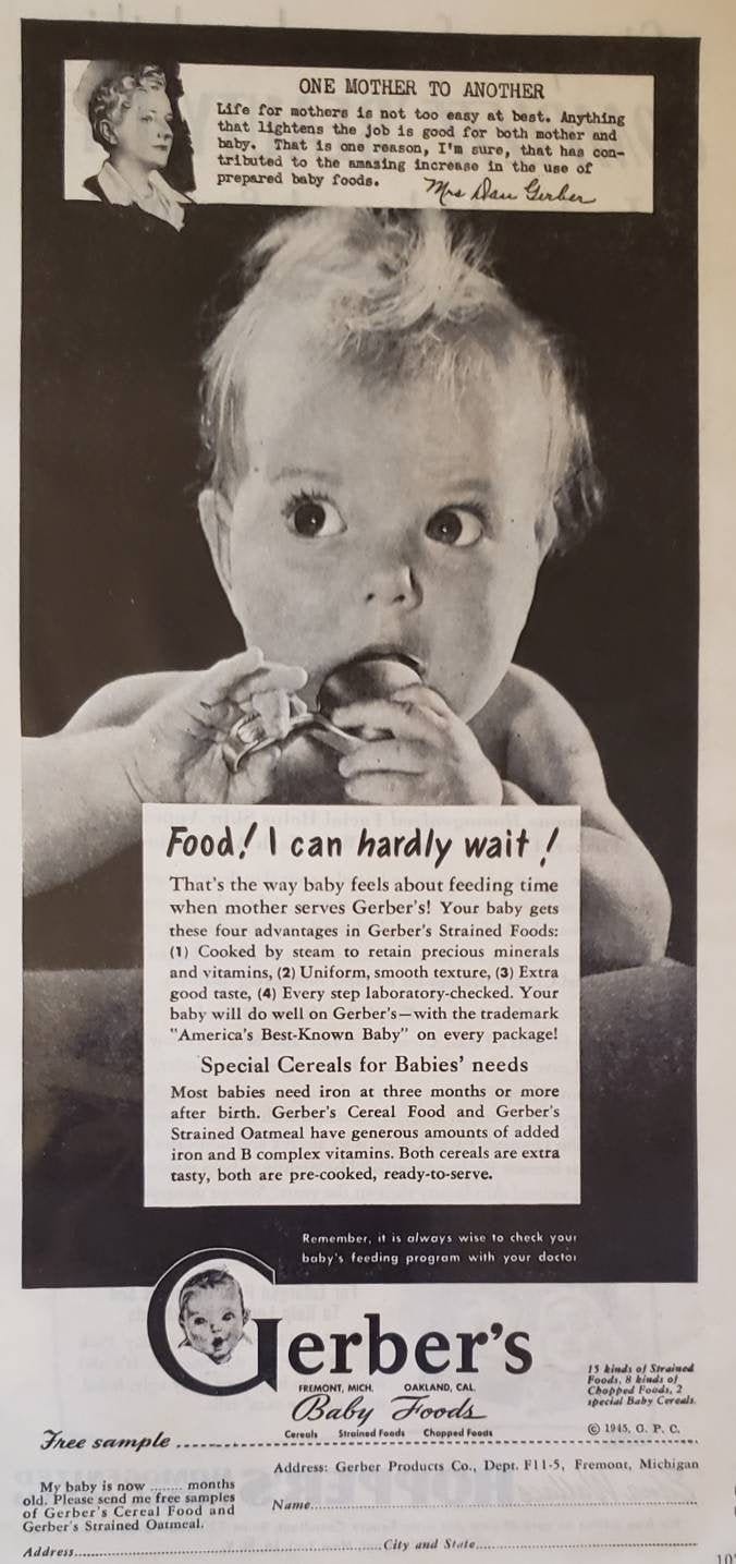 1945 GERBER S BABY FOOD Infant Cereal Health Babies Nutrition