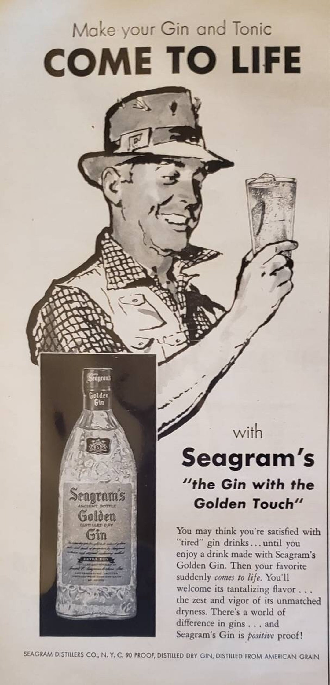 1957 SEAGRAM'S Golden Gin and Tonic Drinks Alcohol Liquor Vintage Print