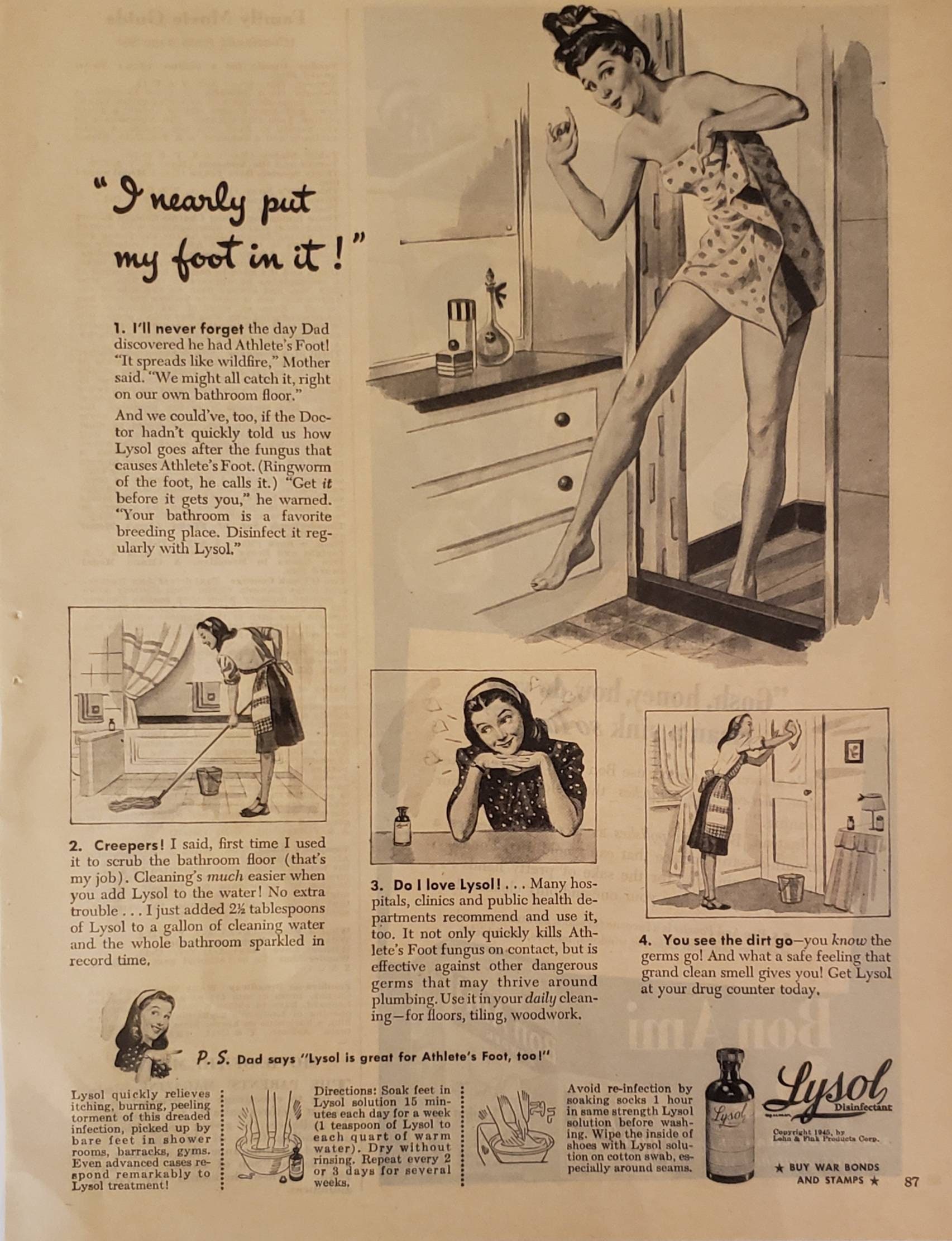 1945 LYSOL DISINFECTANT Bathroom Cleaning Athlete s Foot Ringworm World War 2 Household Vintage Print Ad