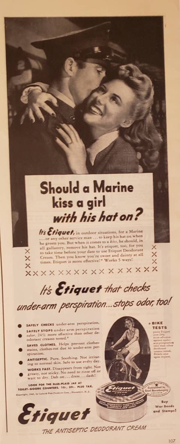 1943 ETIQUET Antiseptic Deodorant Cream Hygiene Should Marine Kiss Girl With Hat On World War 2 Vintage Print Ad