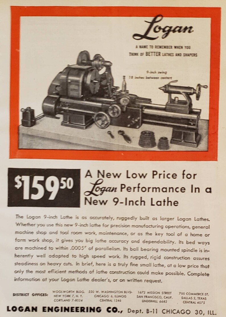 1947 LOGAN ENGINEERING Lathe Tool Tools Vintage Print Ad Etsy
