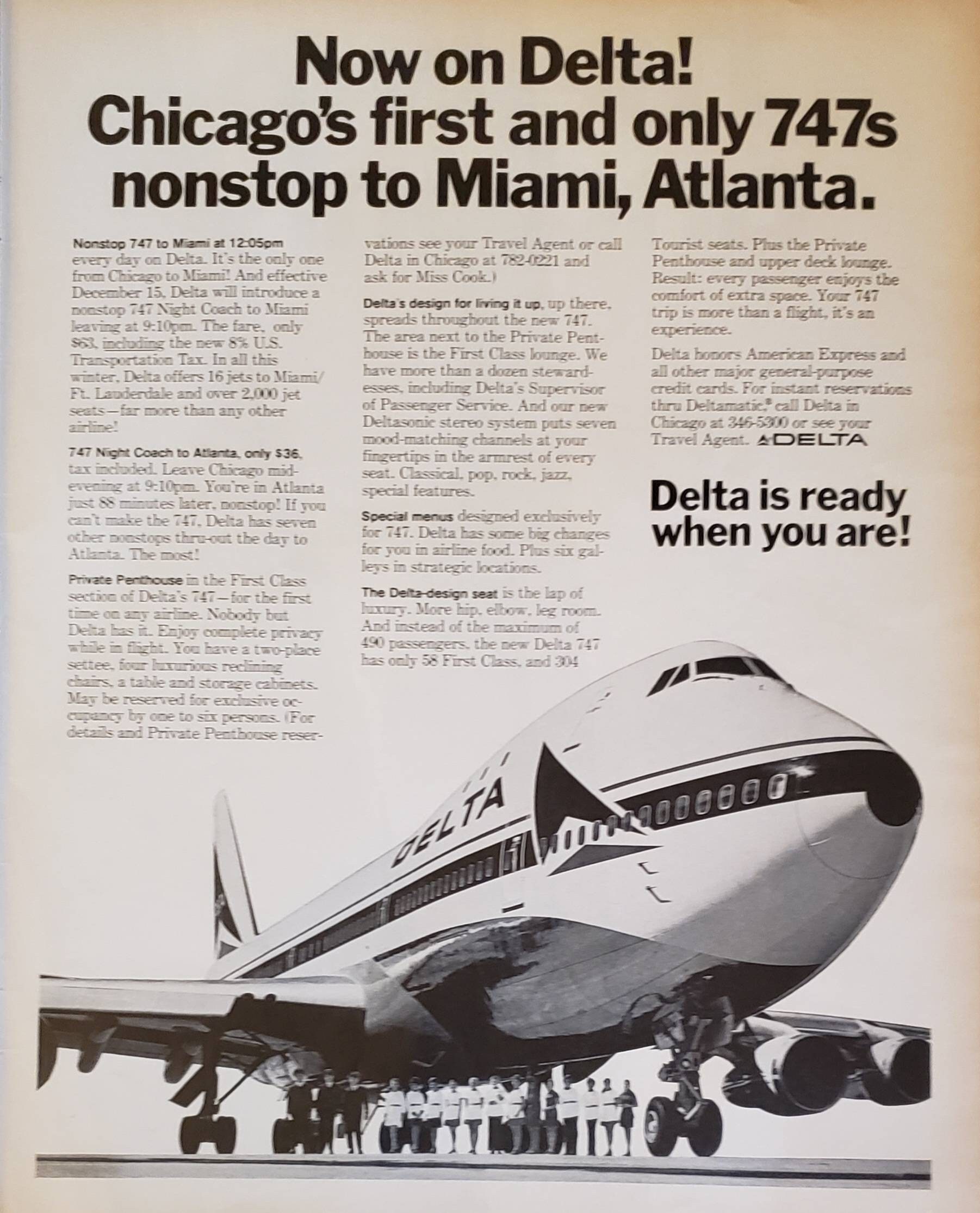 1970 DELTA Airlines 747 Chicago Nonstop Miami LEJON Cold Duck