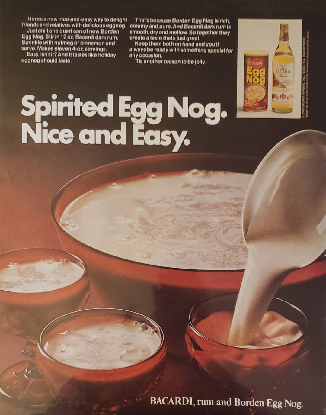 1972 BACARDI Rum BORDEN Egg Nog Alcohol Liquor Holiday Drinks Vintage