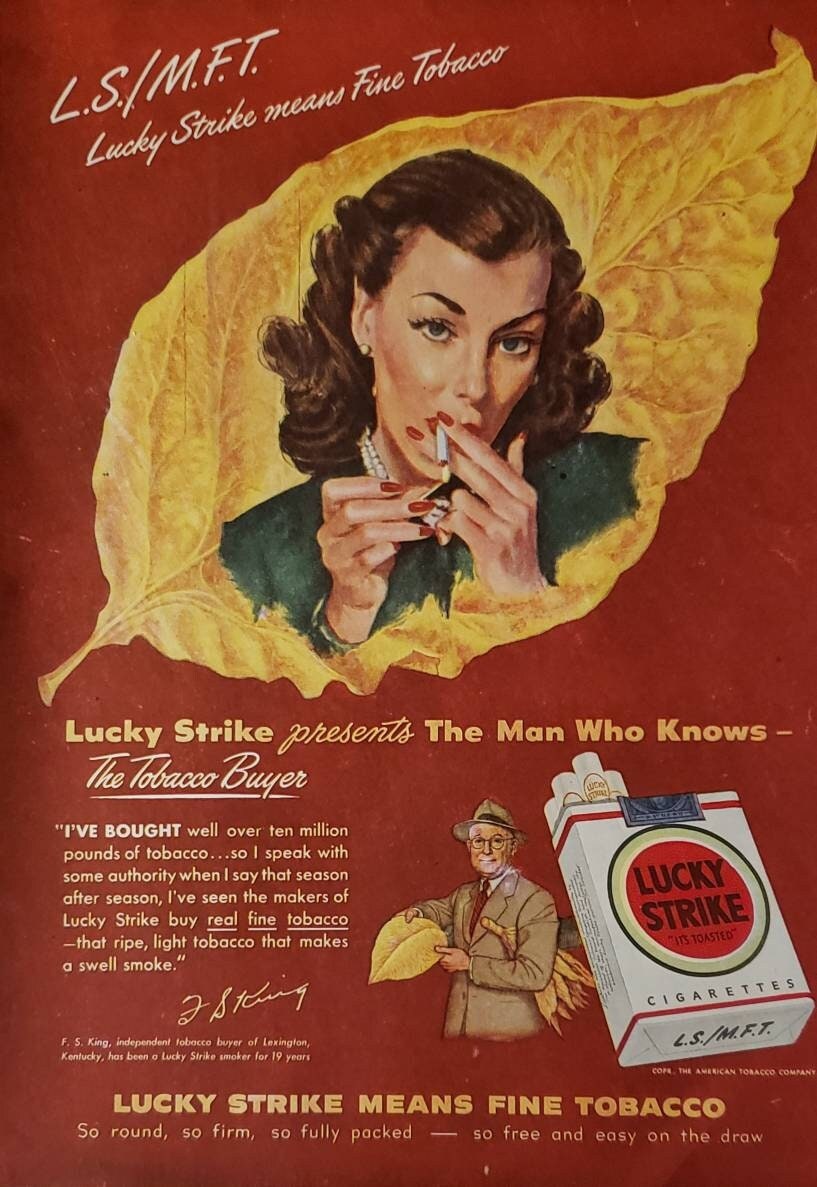 1948 LUCKY STRIKE Cigarettes Baseball Man's Cigarette Fine Tobacco Buyer  Woman Smoking Vintage Print Ad