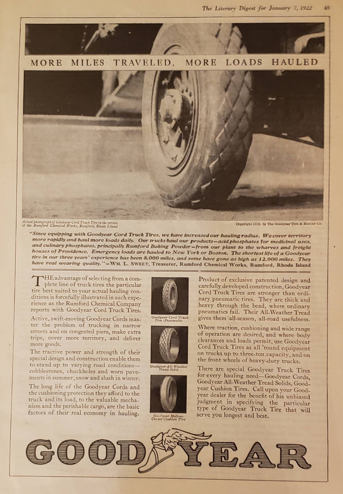 1922 GOODYEAR Cord Truck Tires Vehicle Tire Automotive Vintage Print Ad