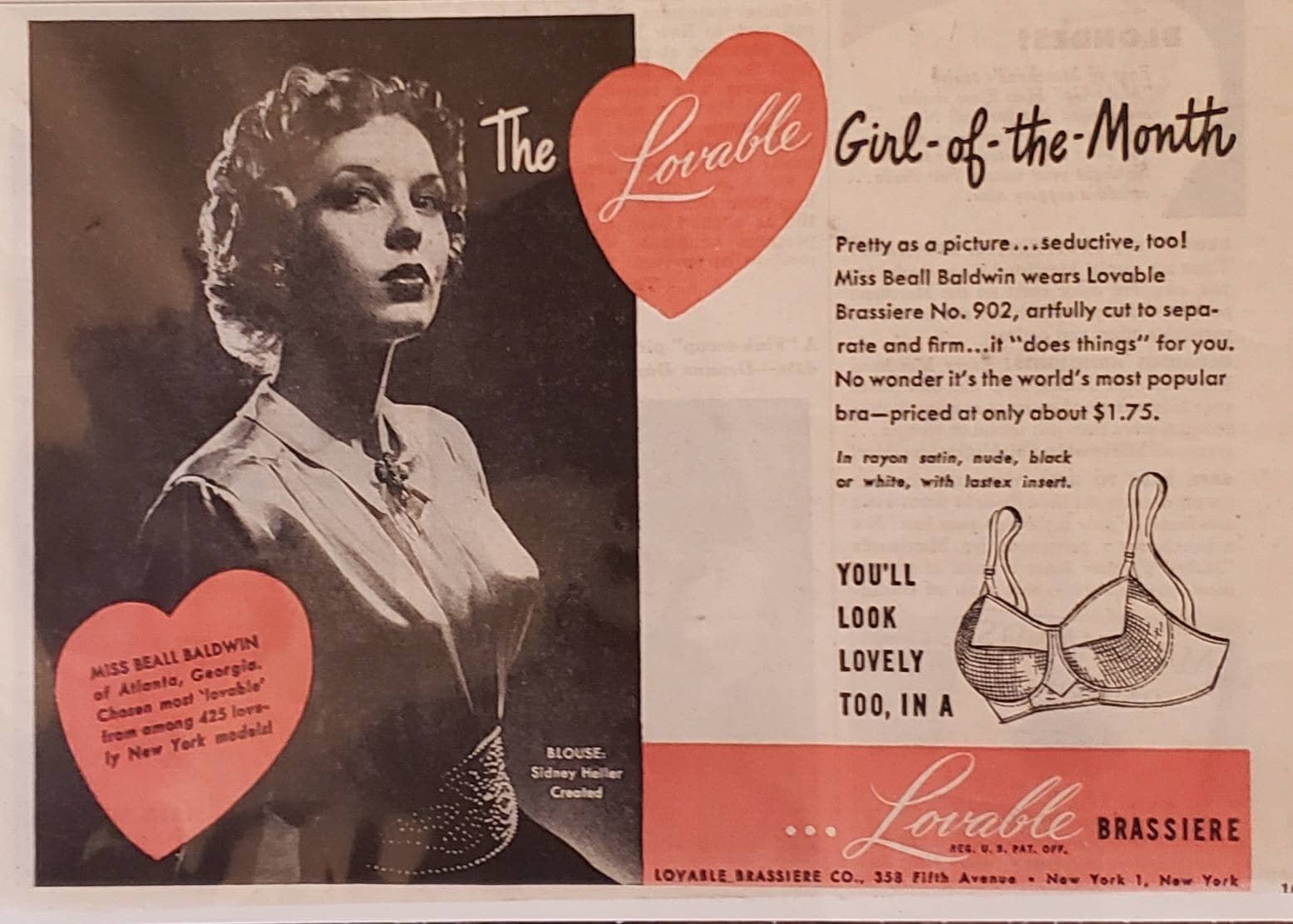 1948 LOVABLE BRASSIERE Bra No. 902 Girl of the Month Beall Baldwin