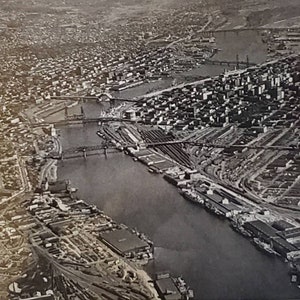 1946 PORTLAND OREGON Industrial City Aerial View Willamette River Bridges Shipyards Vintage Photo Photograph
