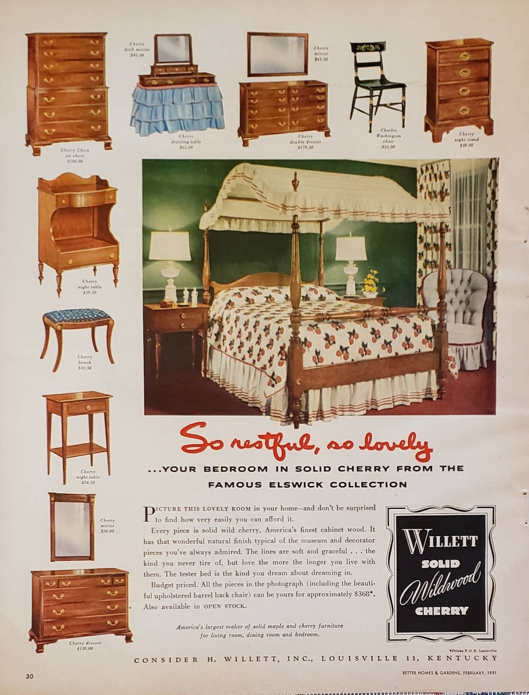 1951 H WILLETT Solid Wildwood Cherry Wood Elswick Collection Bedroom