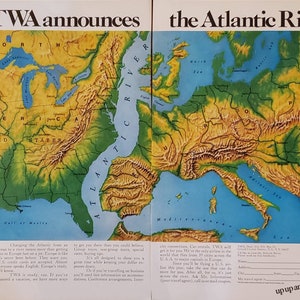 1968 TWA Airlines US Europe Voyage Vacances Vols Carte du Monde Atlantic River 2 Page vintage Imprimer Annonce