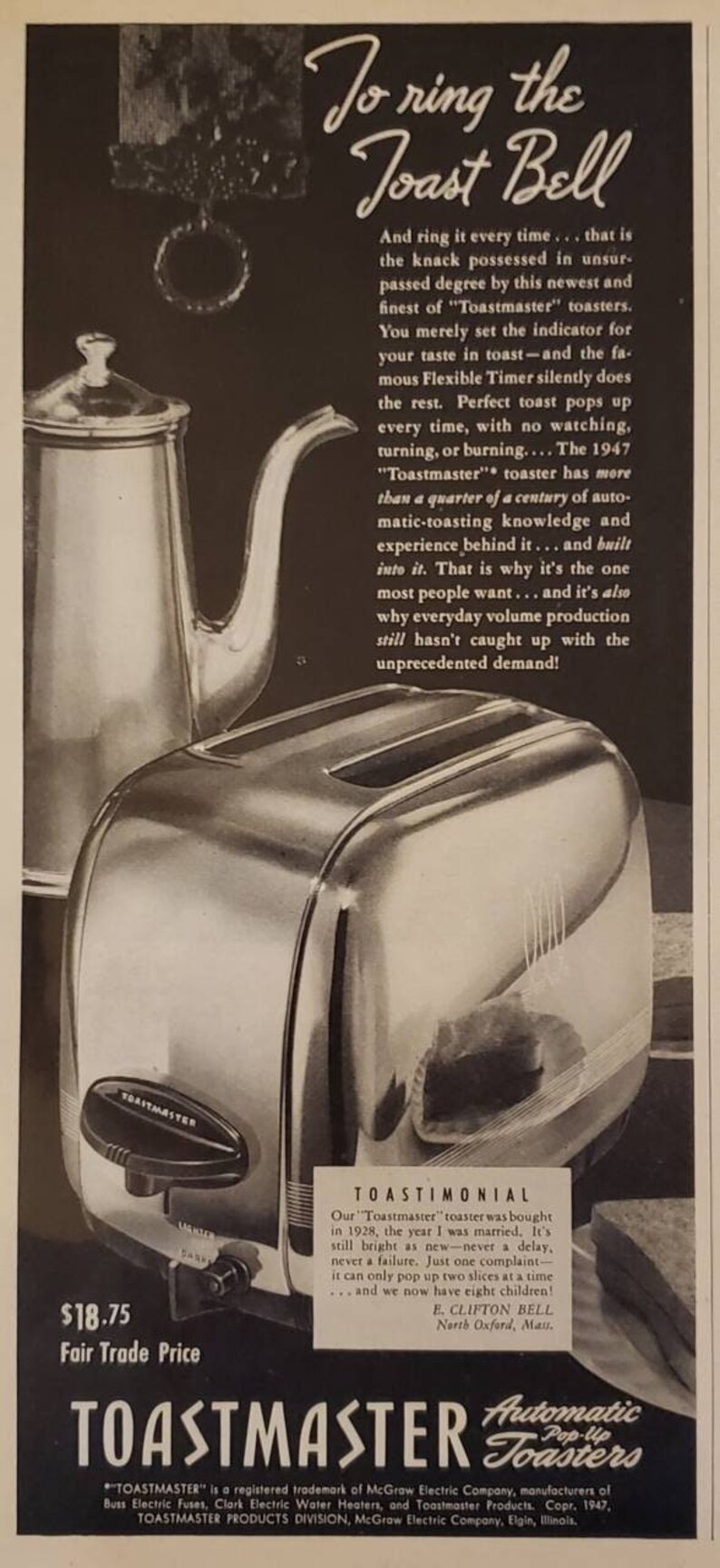 1947 TOASTMASTER Automatic Pop up Toaster Toasters Cooking Appliance