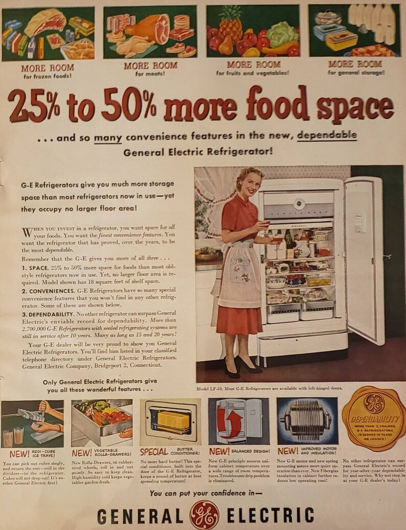 1951 General Electric GE Refrigerator Kitchen Appliance Vintage Print Ad image 1