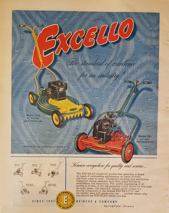 1954 EXCELLO Power Mowers Lawn Mower Rotary Reel Self Propelled Heineke  Vintage Print Ad