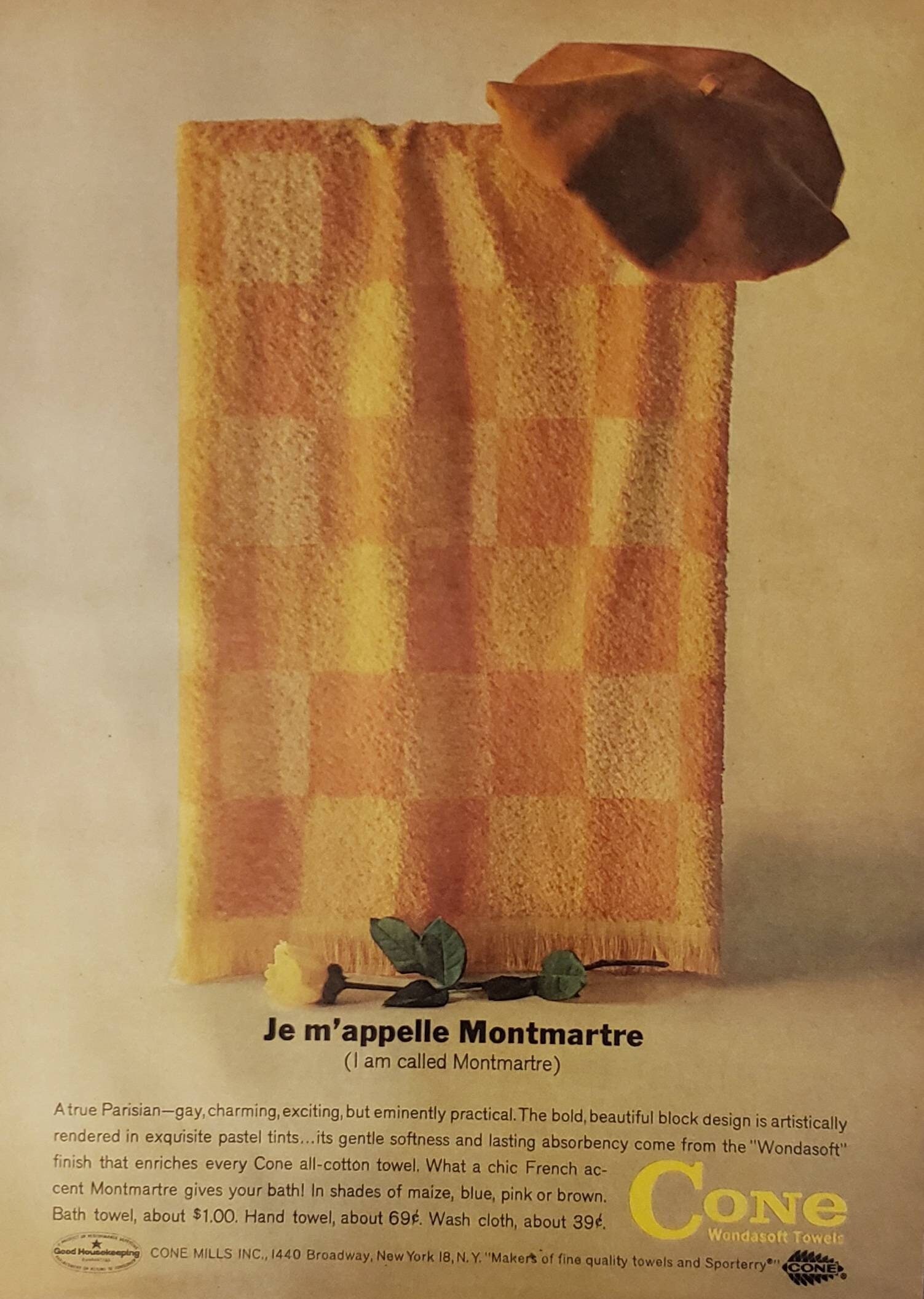1962 CONE MILLS Montmarte Parisian French Style Color Block Bath Towel Vintage Print Ad