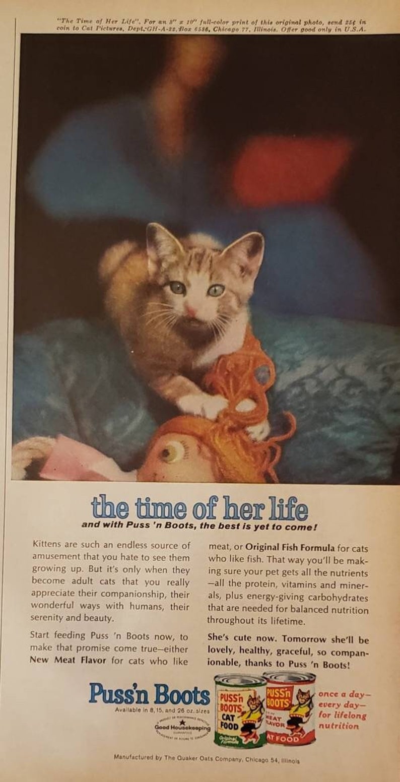 1962 PUSS 'N BOOTS Cat Food Vintage Print Ad Etsy