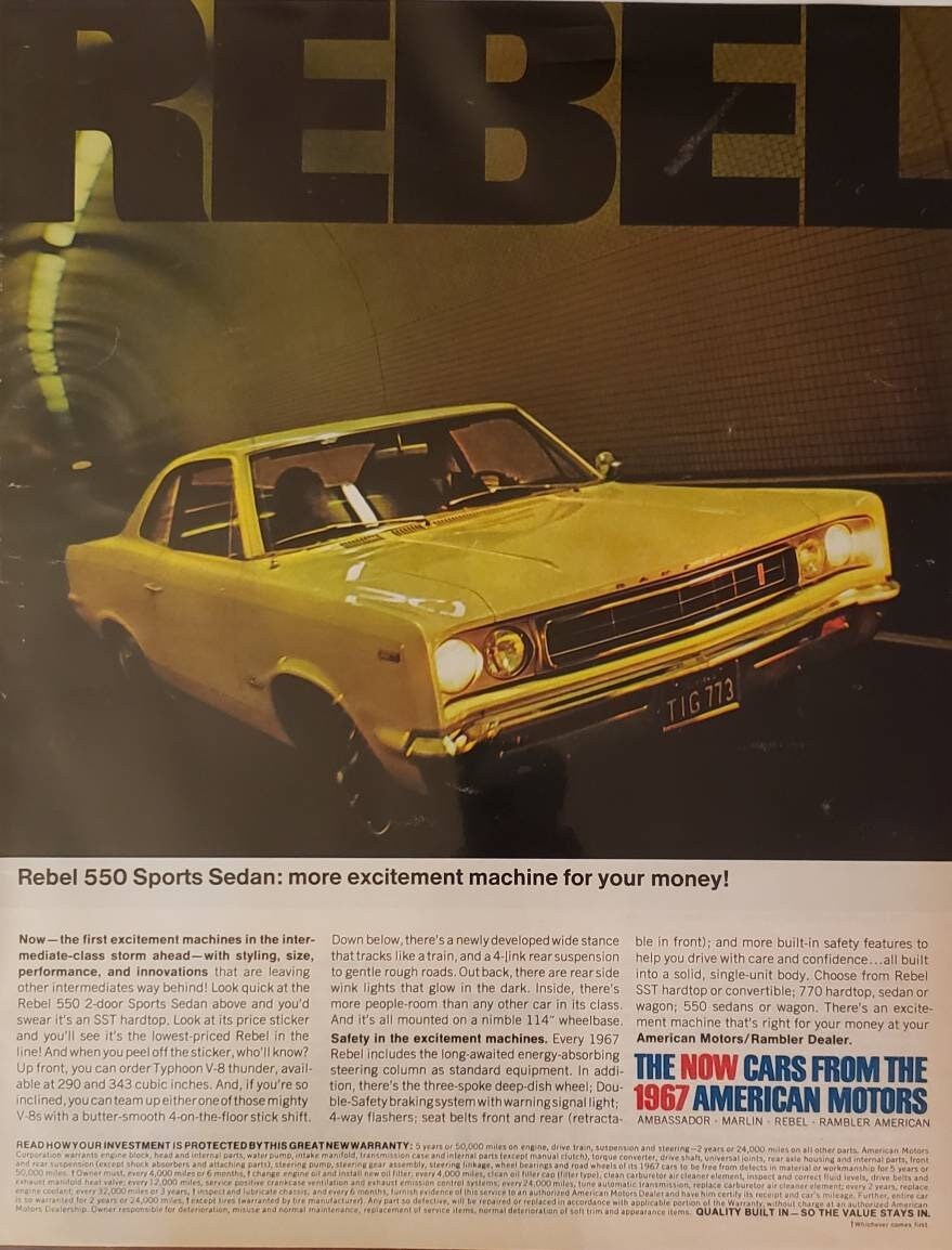 1967 REBEL 550 sport sedan gele auto Amerikaanse motoren auto's opwinding machines vintage print advertentie