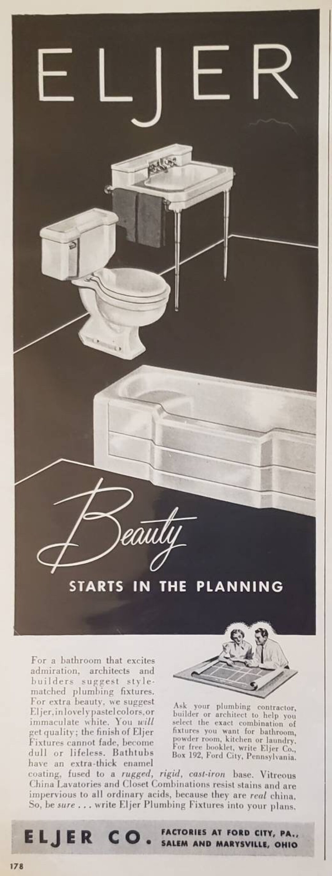 1950 ELJER Bathroom Design Plumbing Fixtures Bathtub Sink Toilet