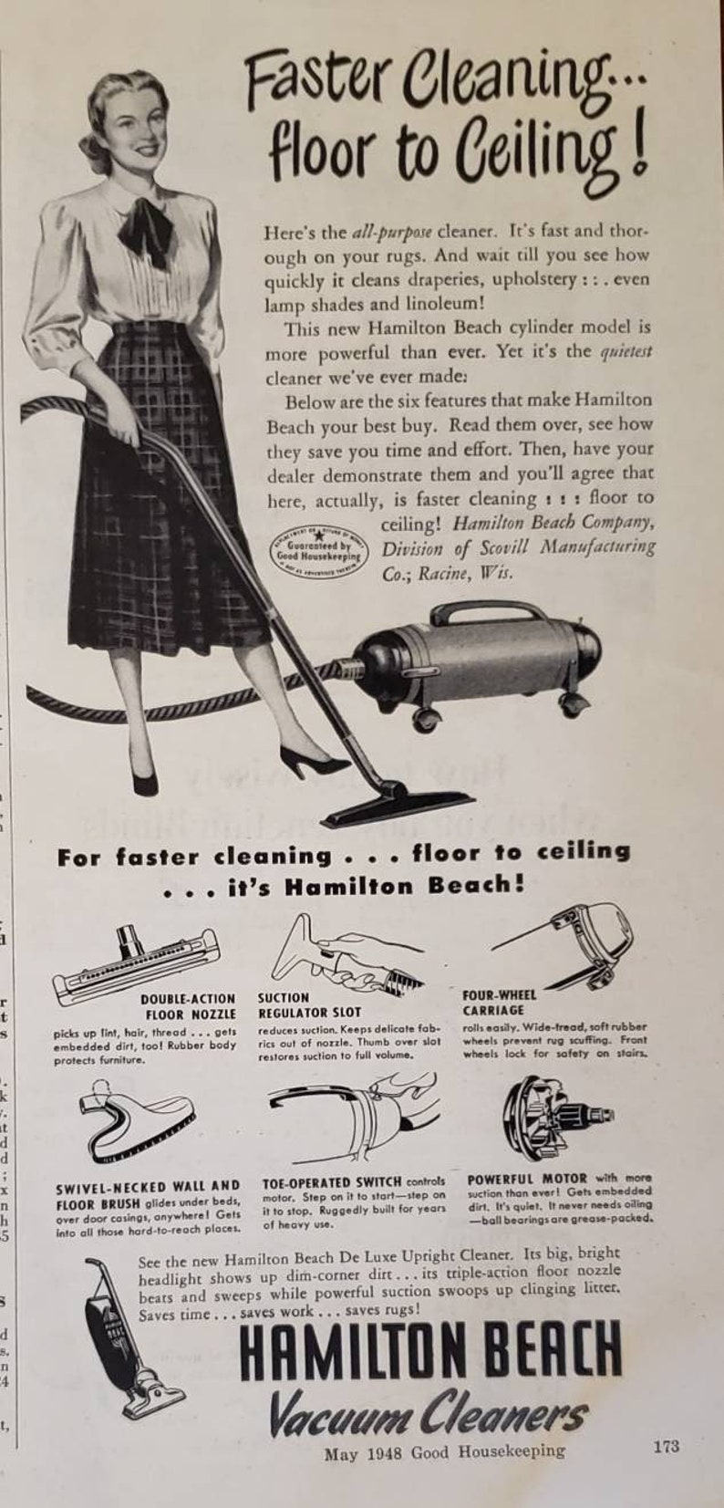 1948 HAMILTON BEACH Vacuum Cleaner Home Cleaning Appliance Vintage
