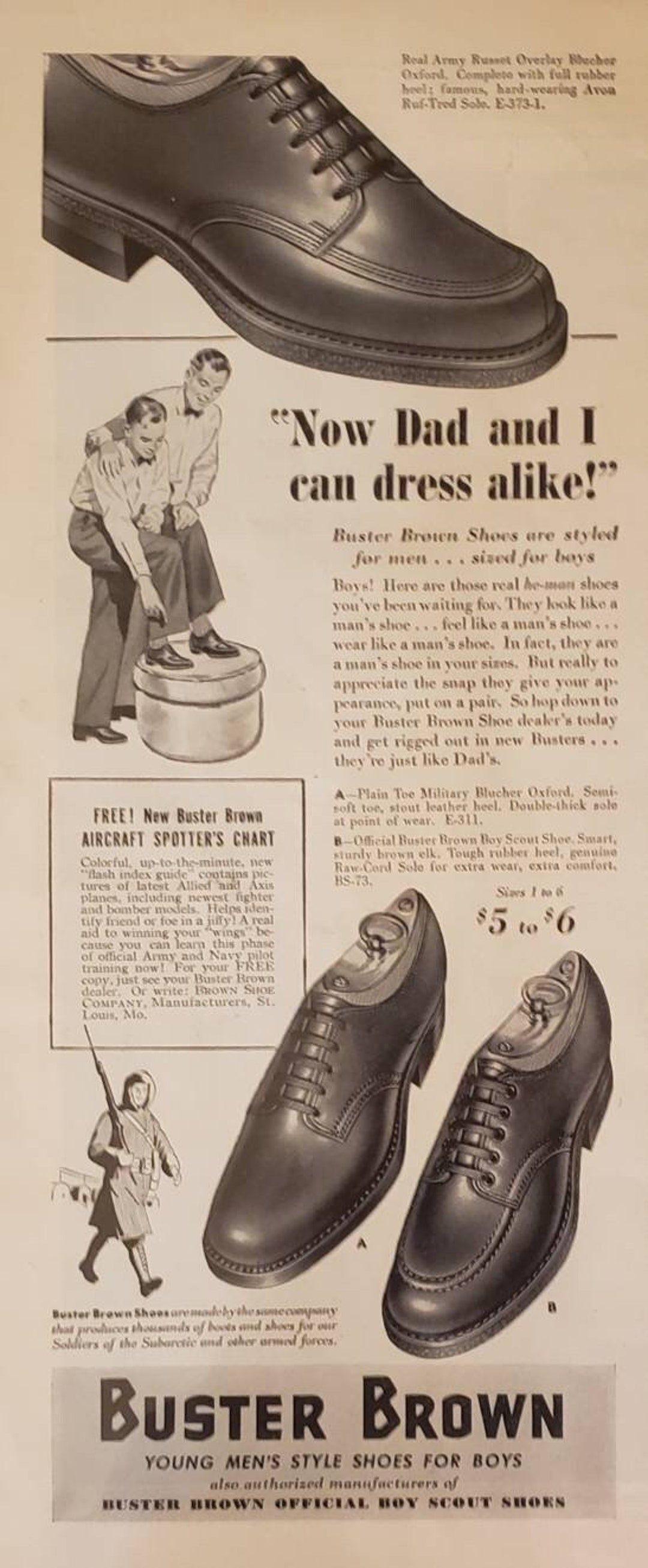 1943 BUSTER BROWN Boys Shoes Oxford Boy Scout Shoe Fashion World War  Vintage Print Ad