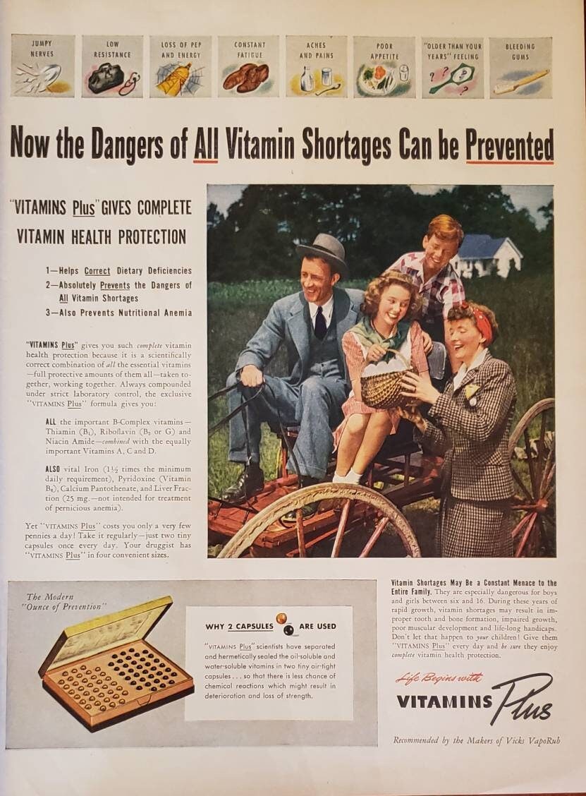 1943 VITAMINS Plus Family Health Nutrition JOHNNIE WALKER Black Label  Scotch Whisky Alcohol Bottle World War 2 Vintage Print Ad
