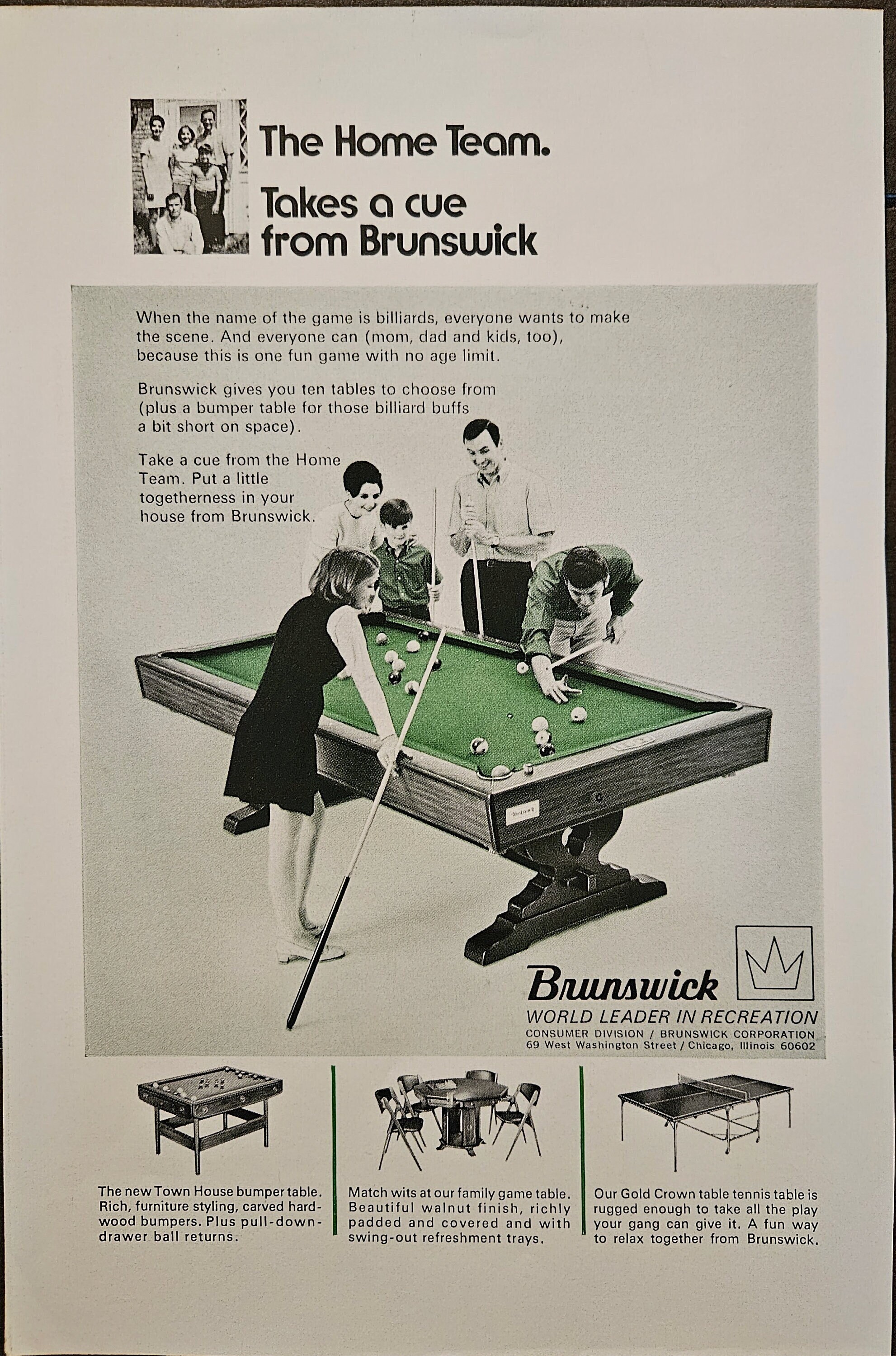 1968年 BRUNSWICK ヴィンテージ広告、ホームチーム プールテーブル 