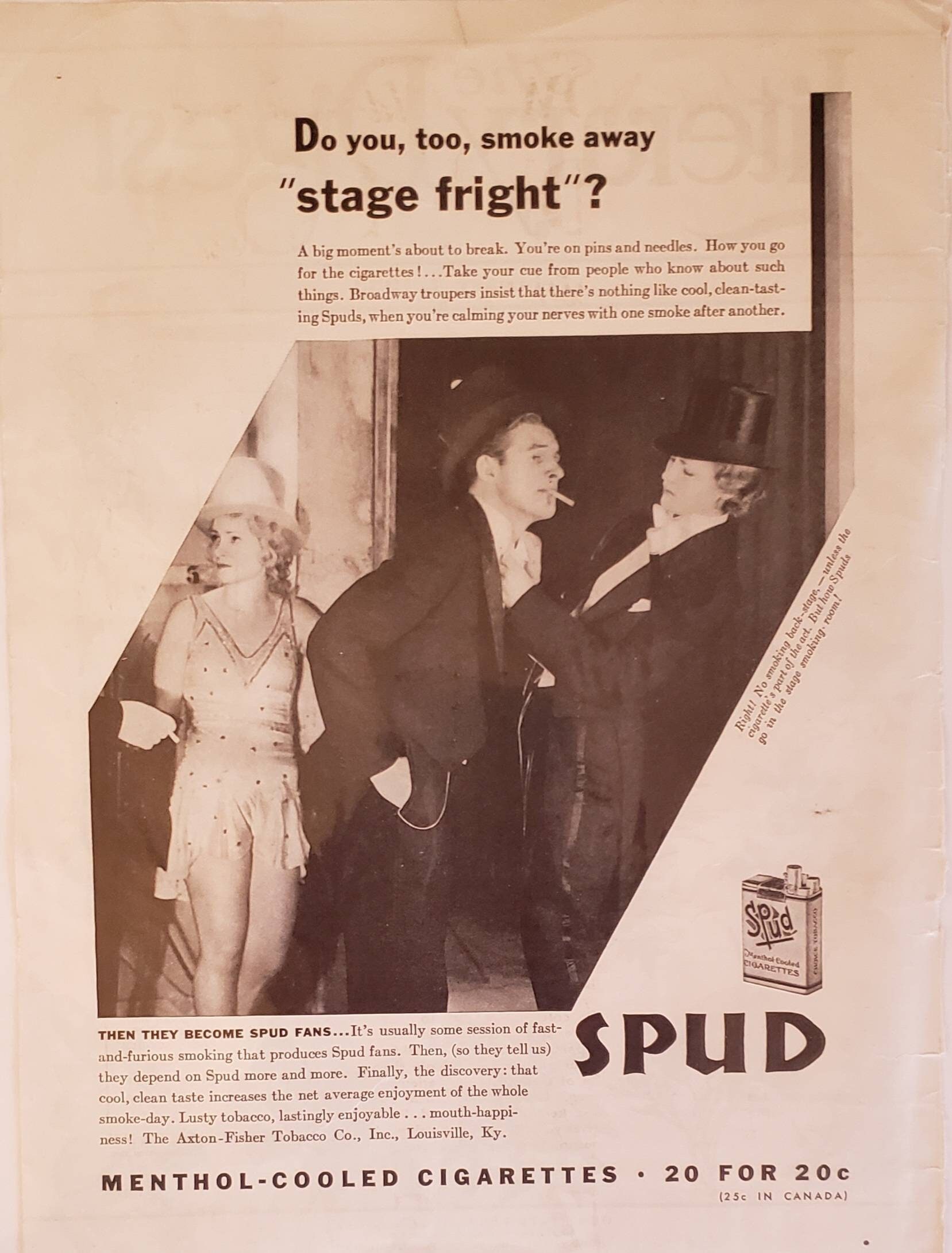 1933 SPUD Menthol Cooled Cigarettes Tobacco Smoking Stage Fright Broadway  Troupers Actors Vintage Print Ad