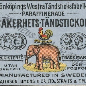 1900s Antique Swedish Matchbox Label Vintage Paper Ephemera - ELEPHANT Animal Jonkoping Svezia
