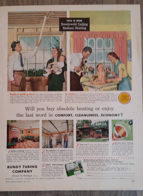 1953 Vintage Ad Bundyweld Ceiling Radiant Heating Bundy Tubing Company Home Hvac Utilities 1950s Retro Wall Decor Wall Art