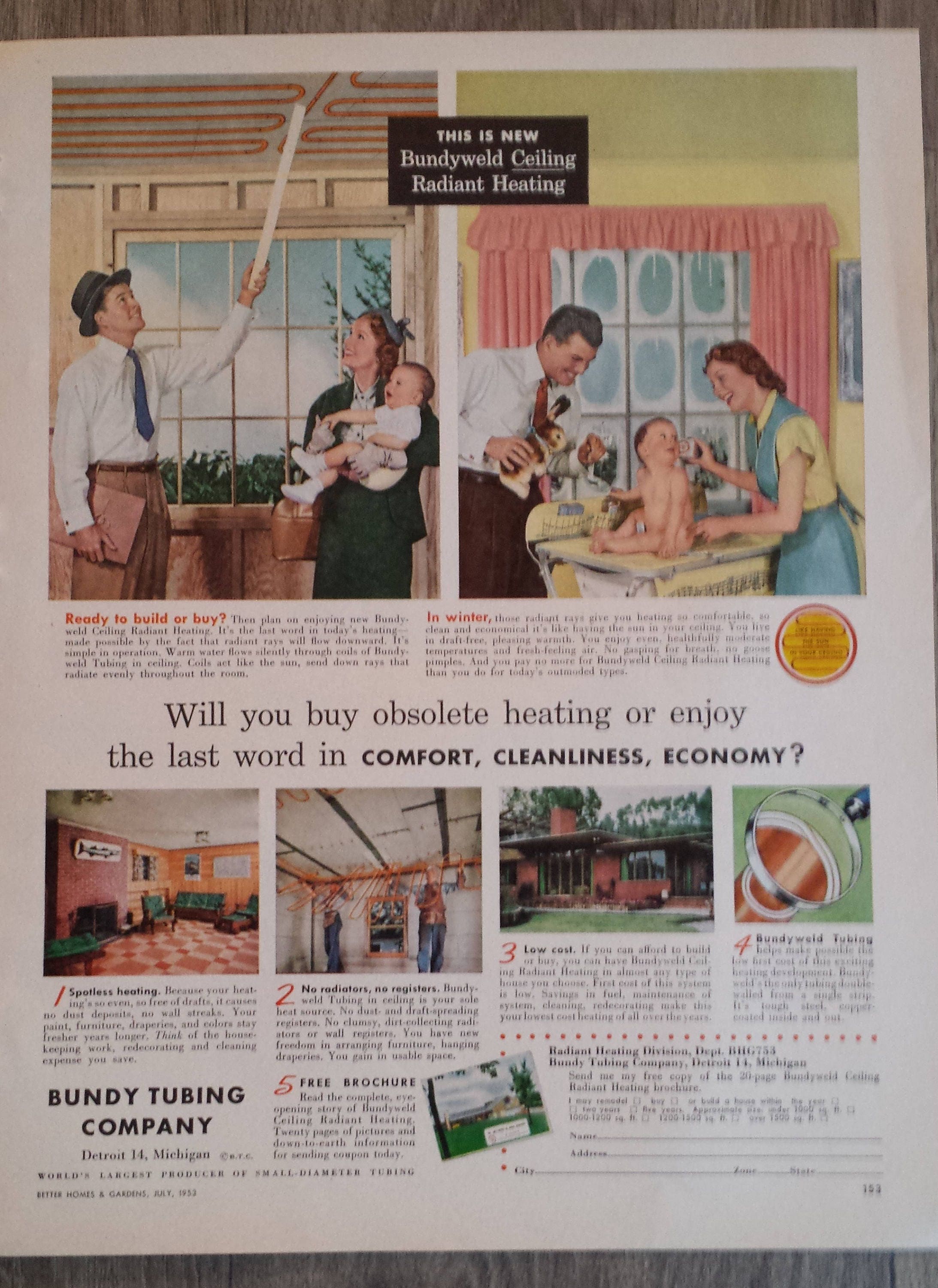 1953 Vintage Ad - Bundyweld Ceiling Radiant Heating - Bundy Tubing Company  - Home - HVAC - Utilities - 1950s - Retro - Wall Decor - Wall Art