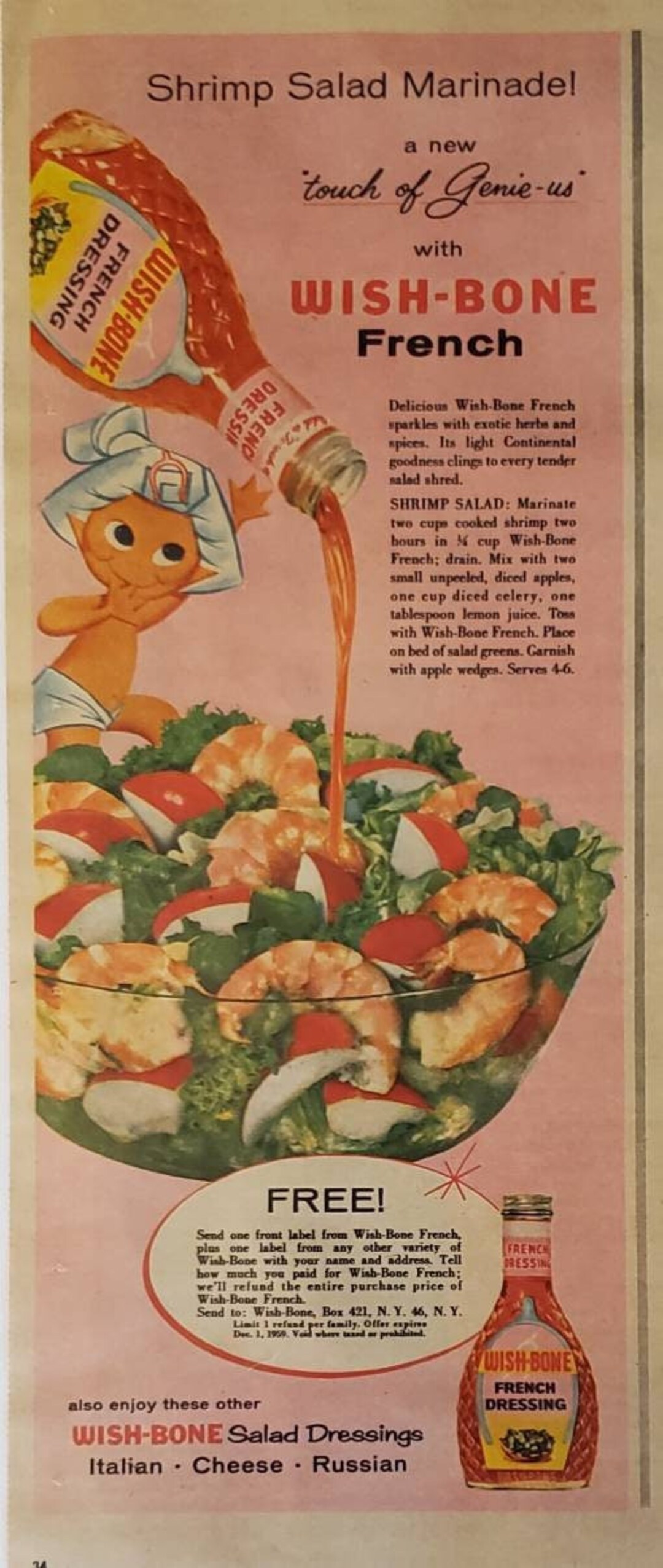 1959 WISHBONE French Dressing Shrimp Salad Recipe Food Vintage Print Ad