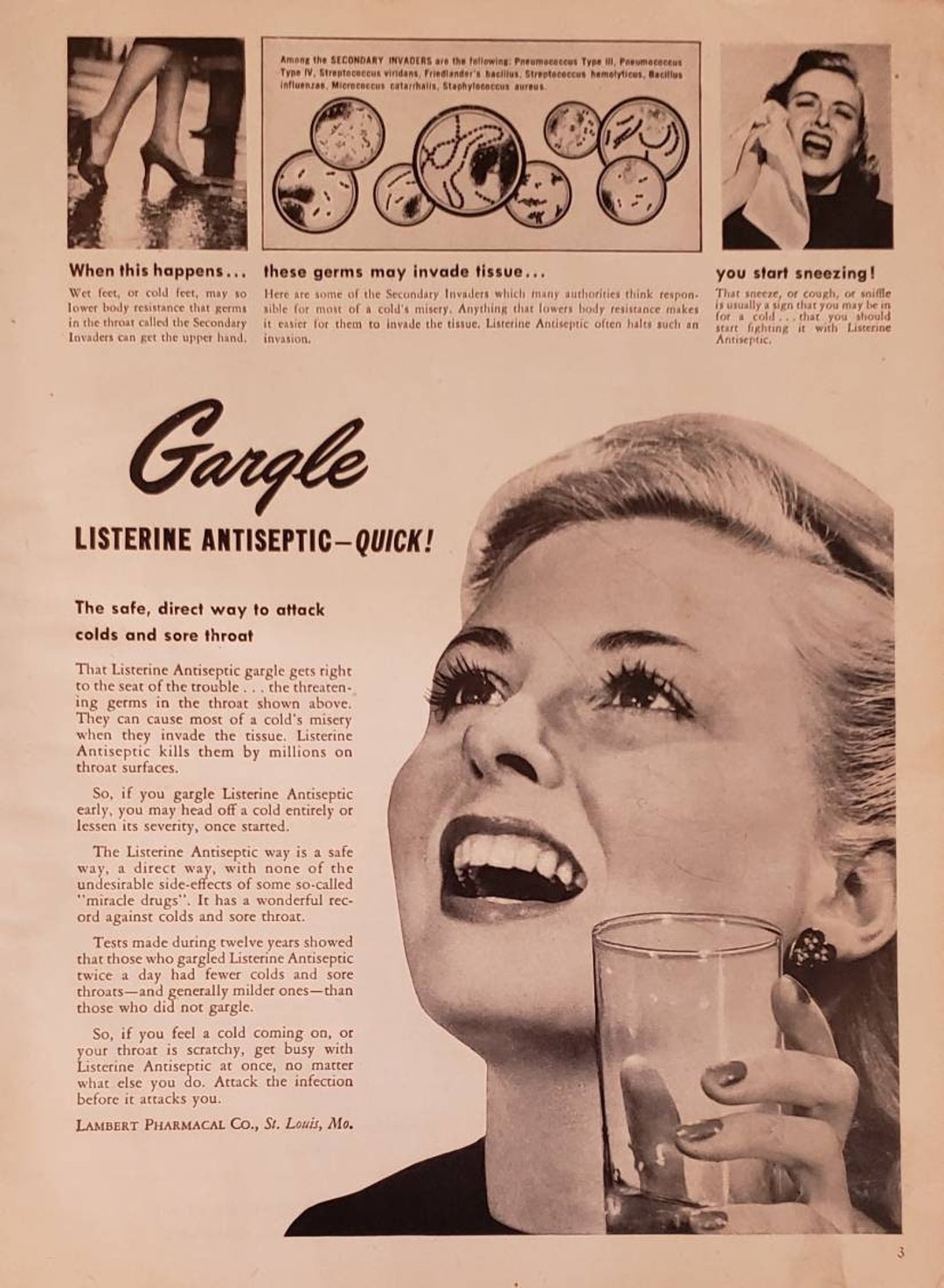 1950 LISTERINE Antiseptic Gargle Colds Sore Throat Lambert Etsy