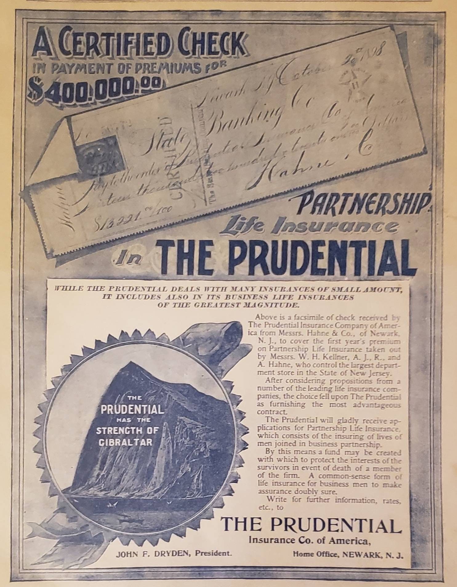 1898 PRUDENTIAL INSURANCE Certified Check Vintage Print Ad - Etsy