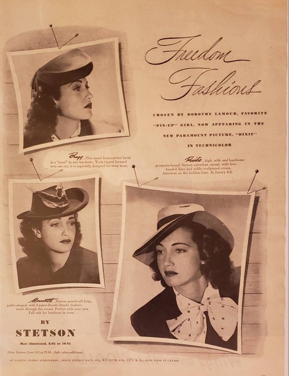 1943 STETSON HATS Dorothy Lamour Pin Up Girl Actress Freedom Fashions Beret  Womens Fashion World War Vintage Print Ad