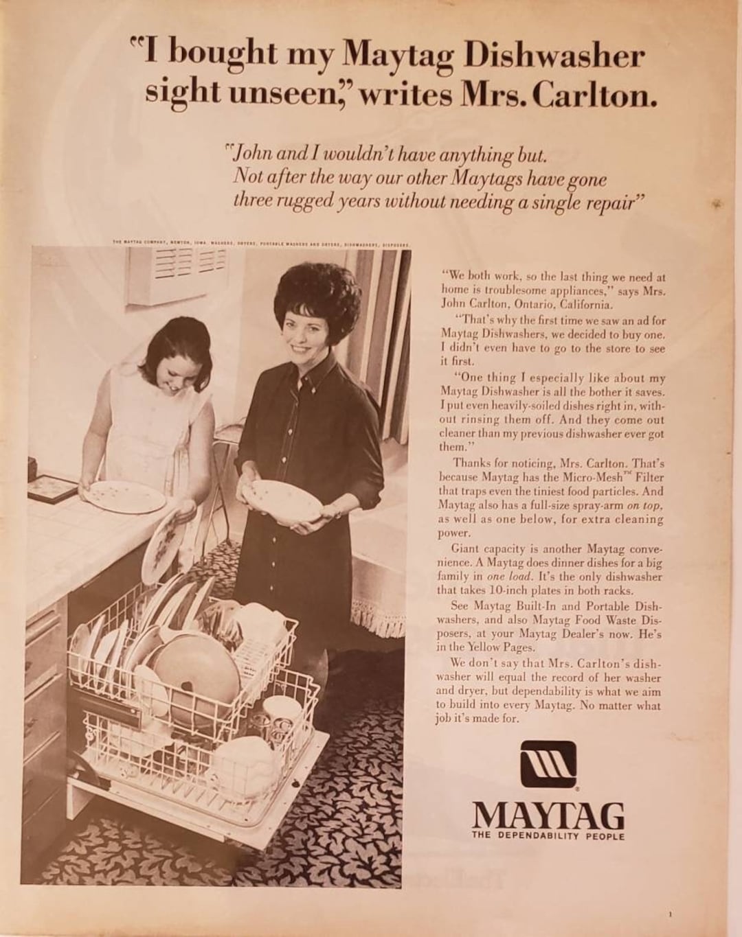1970 MAYTAG Dishwasher Kitchen Appliances Mrs John Carlton Housewife
