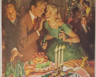 1957 SEVEN UP 7-Up Soda Soft Drink Beverage Holiday Buffet Vintage Print Ad