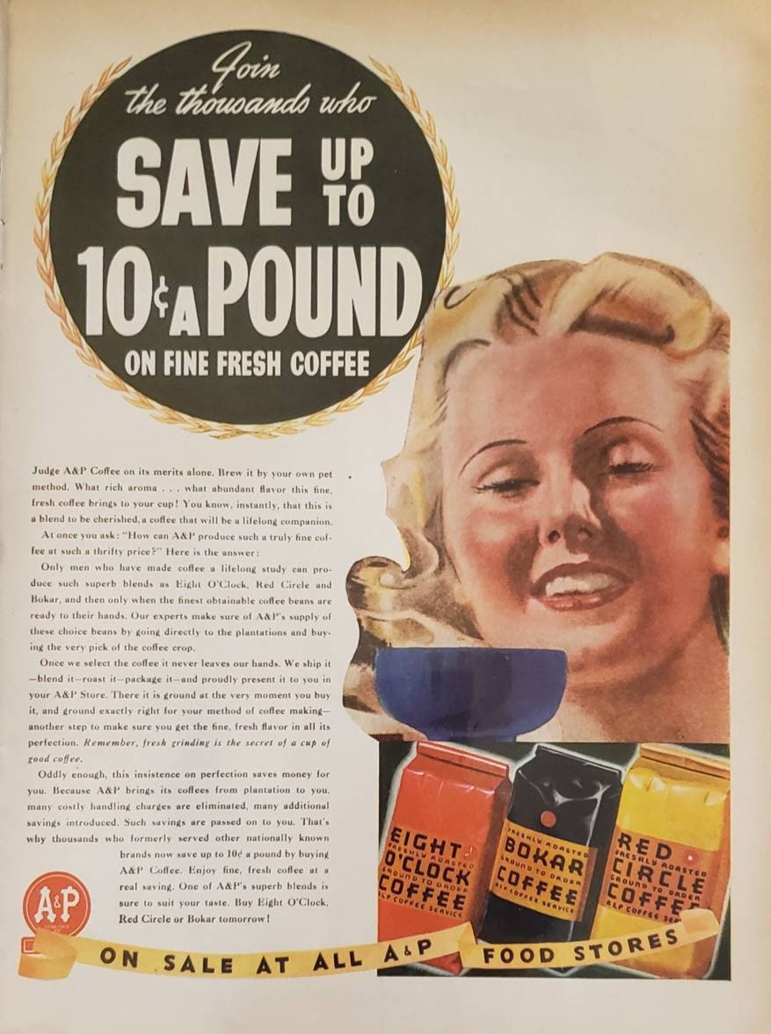 1939 A&P FRESH COFFEE Drink Beverage Vintage Print Ad - Etsy