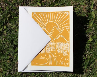 Sunset Mountains - Linocut Greetings Card (Yellow on White) *SINGLE CARD*