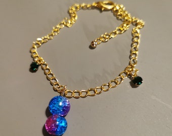 One piece bracelet anklet with a beads charm and small green rhinestones