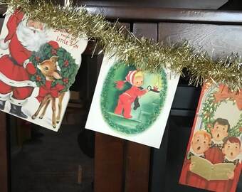 Vintage Made Christmas Card Tinsel Garland-Vintage Style Christmas Banner-Vintage Christmas Garland-Please Read Description!