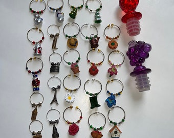 24 Vintage Wine Glass Charms Markers and 2 Vintage Bottle Stoppers-Please Read Description