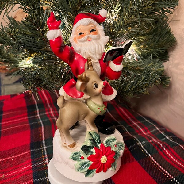 Aged Vintage Josef Originals Santa and Reindeer Music Box Figurine-Please Read Description-It Has Some Aged Wear