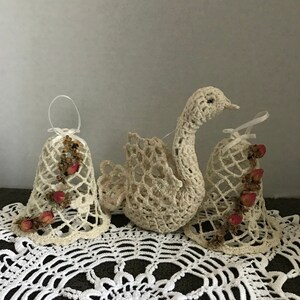 Vintage Crocheted Christmas Ornaments: Starched Bells & Swan, Dried Flowers (Set of 3)