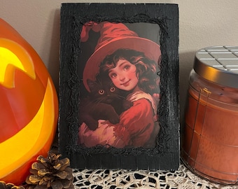 Vintage STYLE Halloween Young Witch Wood Block Shelf Leaner-Please Read Description
