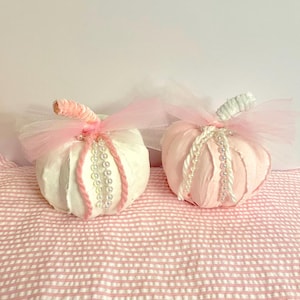 2 Small Shabby Chic Pink and White Rag Style Pumpkins-Please Read Description