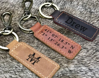 VALENTINE'S DAY GIFT, Leather Keychain, Coordinates Key Chain, 3rd Anniversary Gift, Gift for Birthday, Keyfob, Best Gift