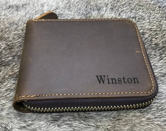 Personalisierte Reißverschluss-Leder-Brieftasche, Vollkorn Distressed, individuell graviert