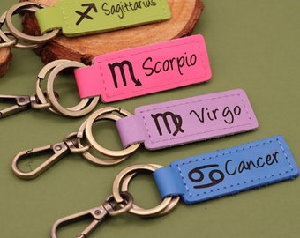Zodiac Keychain - Engraved Leather Astrology Keychain