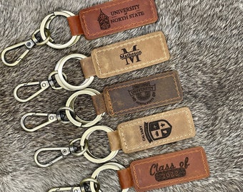 GRADUATION GIFTS, University Keychain, College Collegiate Sport Team Key Fob, Any University or College logo, Laser Engraved Leather