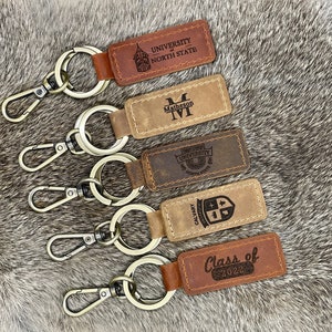 GRADUATION GIFTS, University Keychain, College Collegiate Sport Team Key Fob, Any University or College logo, Laser Engraved Leather