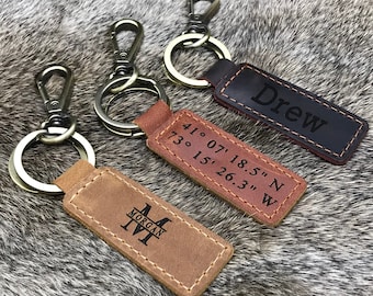 Personalized Leather Keychain, Custom Coordinates Anniversary Gift